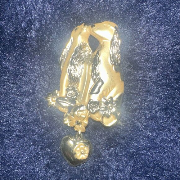 AJC Puppy Love Gold Tone Heart Dangle Brooch with Floral Details - Picture 4 of 5